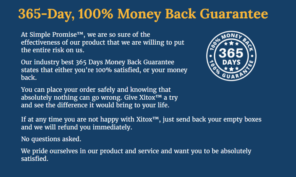 365-day 100% money-back guarantee from Simple Promise for Xitox, ensuring full customer satisfaction or a complete refund
