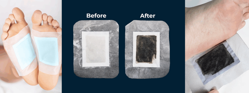 Before and after comparison of Xitox foot pads showing visible detox results, with clean patches before use and darkened patches after removing toxins overnight